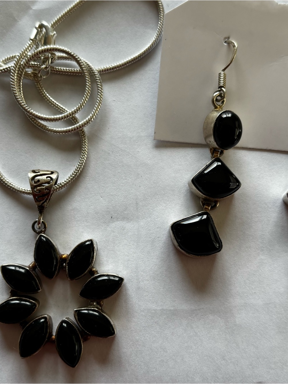 Sterling Black Stone Pendant Necklace and Drop Earring Set - Women Jewelry